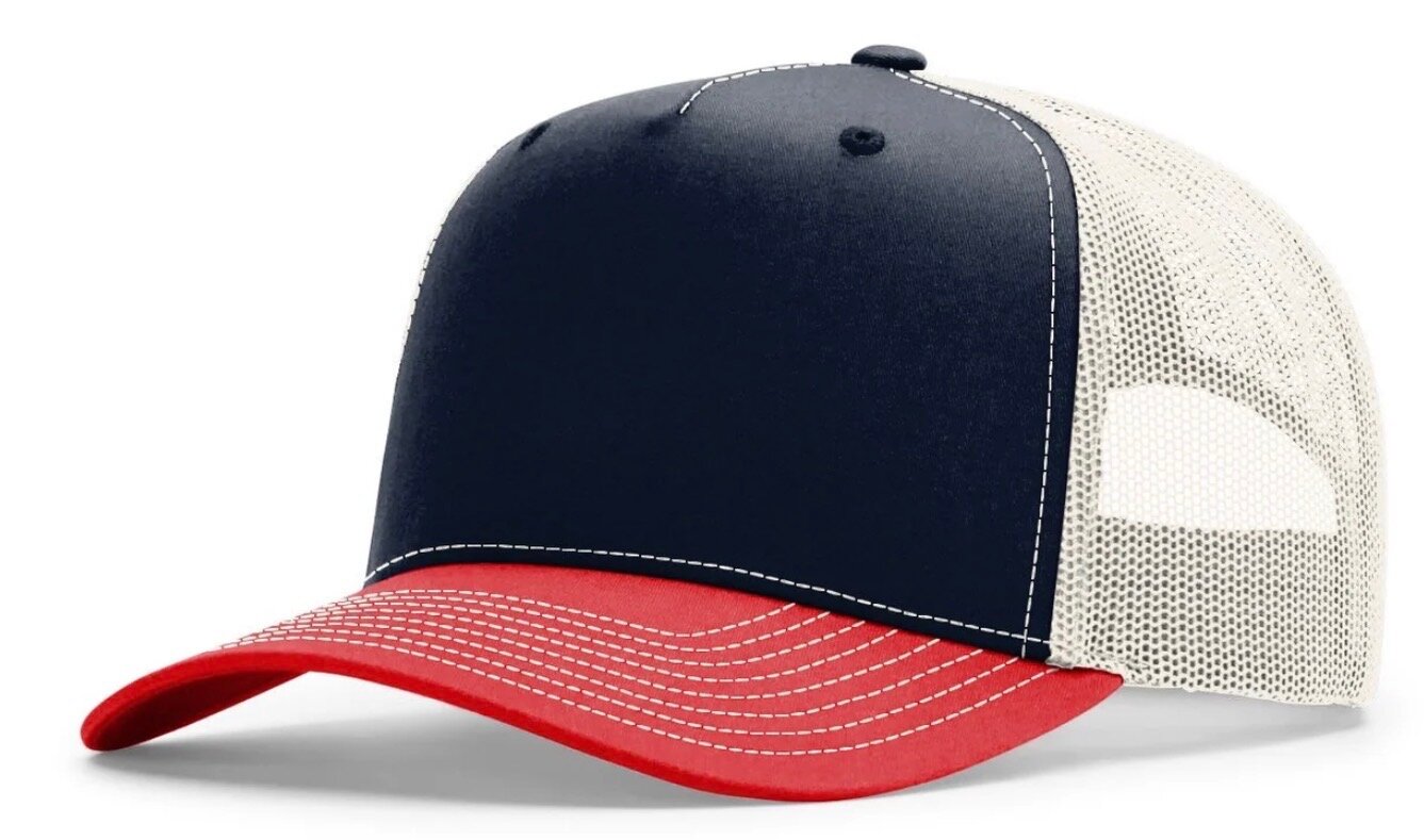 Blank navy trucker cap with red brim and cream mesh