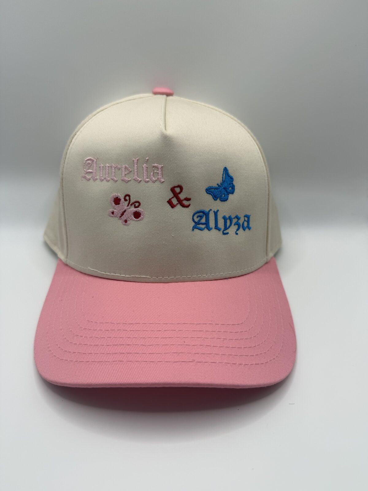 Aurelia and Alyza embroidered cap with butterflies