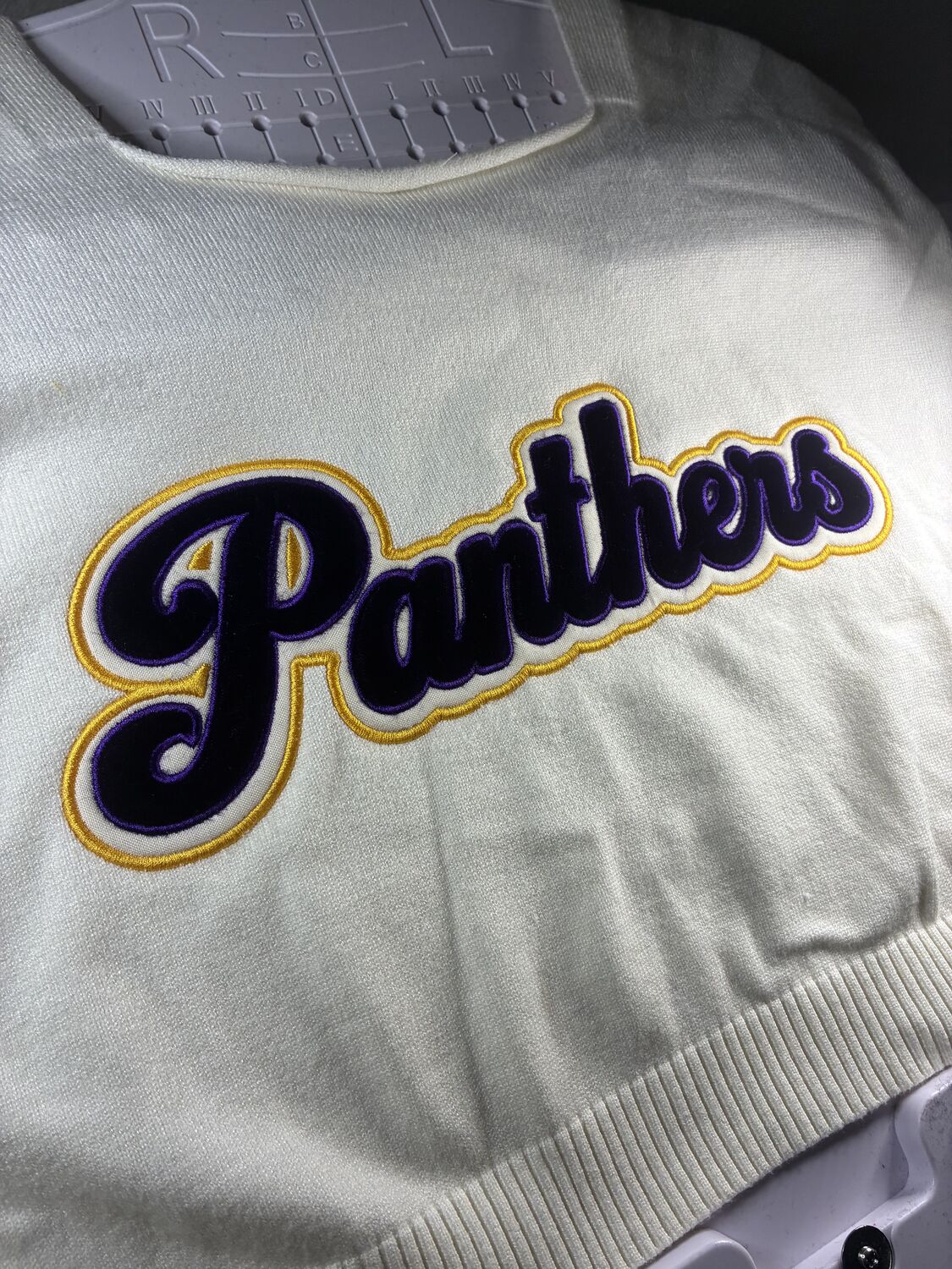Panthers chenille script on a cream crewneck